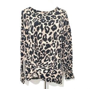 Daytrip Women Large Leopard Print Twist Front Long Sleeve Top Beige Black USA